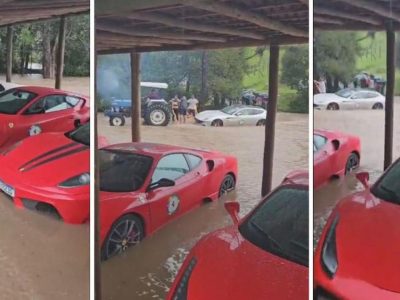 Καταρρακτώδης βροχή παγίδευσε επτά Ferrari – Τελευταία στιγμή σώθηκαν τα ιταλικά supercar